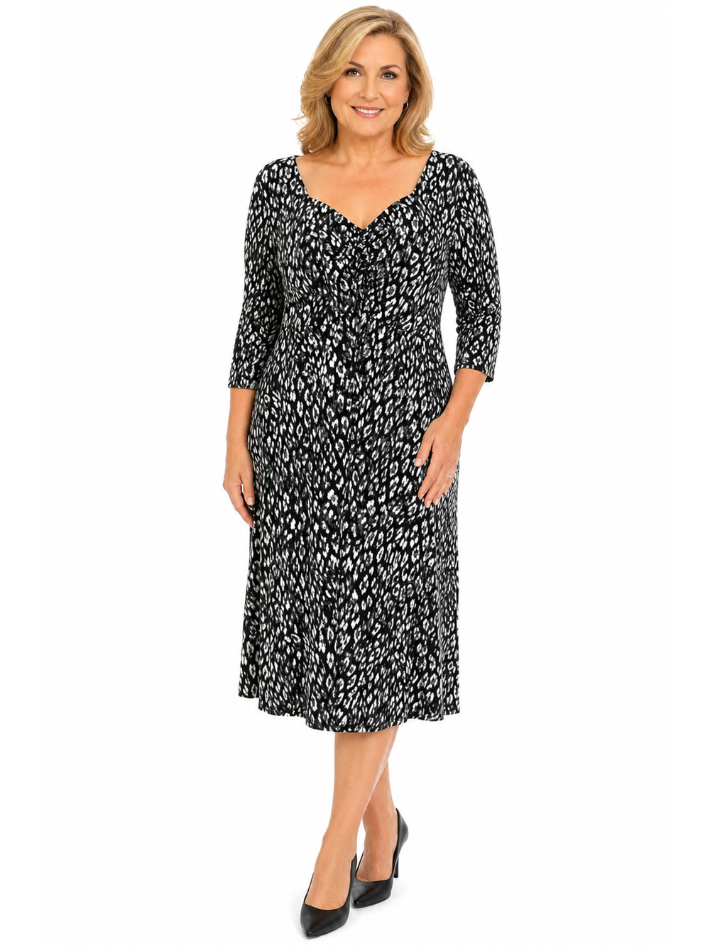 June + Vie Womens Black Gray Leopard Print Jersey Knit Midi Stretch Dress sz 1X